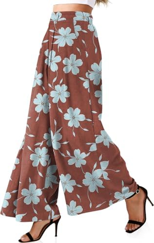 Womens Linen Palazzo Pants High Waist Pleated Trousers with Pockets