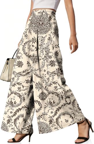 Womens Linen Palazzo Pants High Waist Pleated Trousers with Pockets