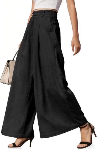 Womens Linen Palazzo Pants High Waist Wide Leg Casual Office Trousers