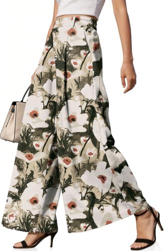 Womens Linen Palazzo Pants High Waist Wide Leg Casual Office Trousers