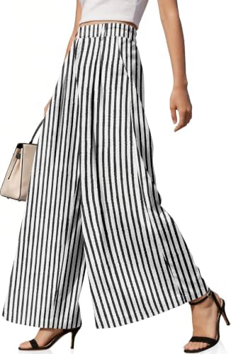 Womens Linen Palazzo Pants High Waist Wide Leg Casual Office Trousers