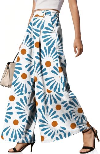 Womens Linen Palazzo Pants High Waist Wide Leg Casual Office Trousers