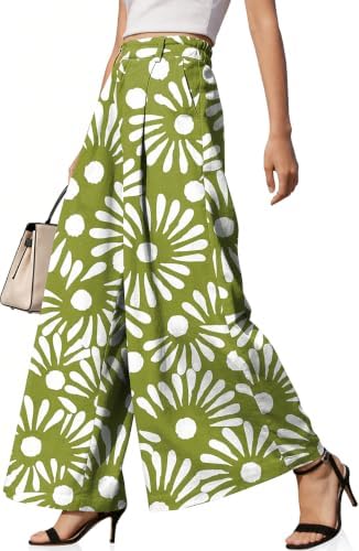 Womens Linen Palazzo Pants High Waist Wide Leg Casual Office Trousers