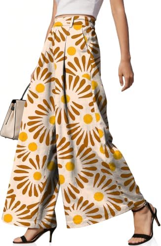 Womens Linen Palazzo Pants High Waist Wide Leg Casual Office Trousers