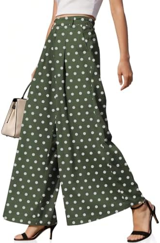 Womens Linen Palazzo Pants Polka Dot Loose Trousers with Pockets