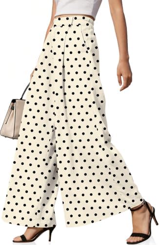 Womens Linen Palazzo Pants Polka Dot Loose Trousers with Pockets