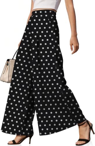 Womens Linen Palazzo Pants Polka Dot Loose Trousers with Pockets