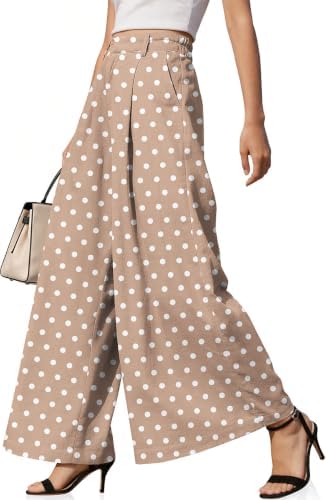 Womens Linen Palazzo Pants Polka Dot Loose Trousers with Pockets