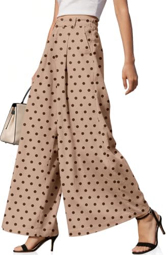 Womens Linen Palazzo Pants Polka Dot Loose Trousers with Pockets