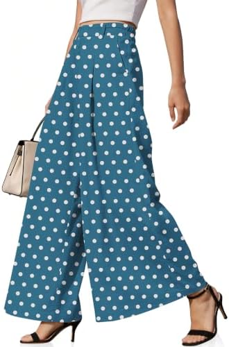 Womens Linen Palazzo Pants Polka Dot Loose Trousers with Pockets