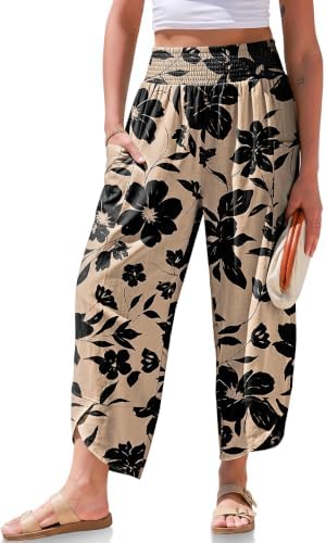 Womens Linen Palazzo Pants Printed Elastic Waist Comf Harem Trousers
