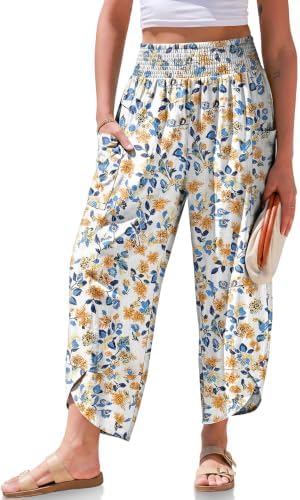 Womens Linen Palazzo Pants Printed Elastic Waist Comf Harem Trousers