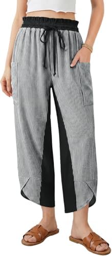 Womens Linen Palazzo Pants Striped Wide Leg Casual Capri Pant