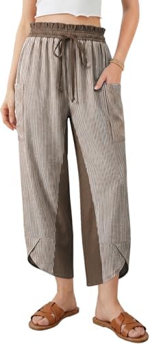 Womens Linen Palazzo Pants Striped Wide Leg Casual Capri Pant