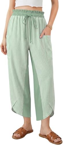 Womens Linen Palazzo Pants Striped Wide Leg Casual Capri Pant
