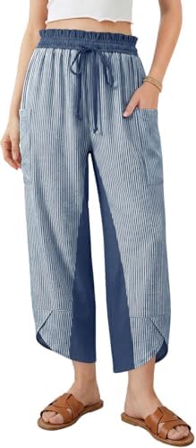 Womens Linen Palazzo Pants Striped Wide Leg Casual Capri Pant