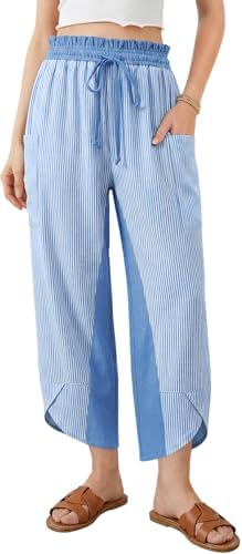 Womens Linen Palazzo Pants Striped Wide Leg Casual Capri Pant