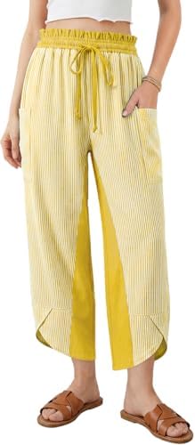 Womens Linen Palazzo Pants Striped Wide Leg Casual Capri Pant