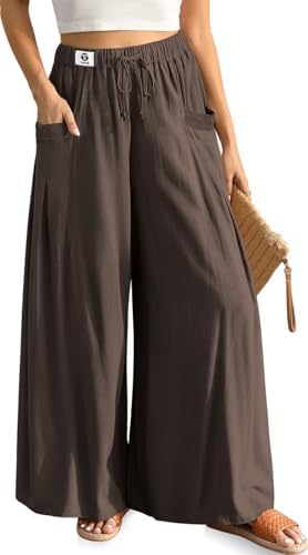 Women Linen Palazzo Pants Summer Boho Wide Leg High Waist Casual Lounge
