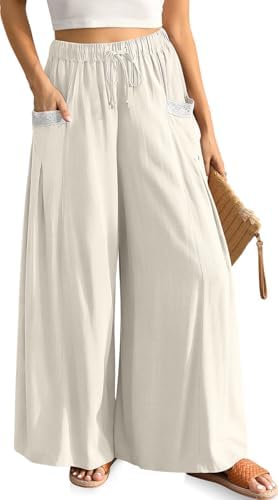 Womens Linen Palazzo Pants Summer Boho Wide Leg High Waist Casual