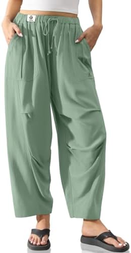 Women's Linen Pants Casual Loose Fit Straight Leg Trousers with Pockets