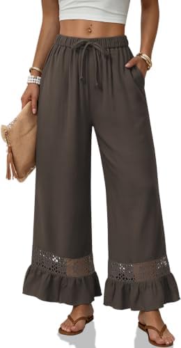 Linen Pants Women Flowy Lace Ruffle Hem Wide Leg Comf Beach Trousers