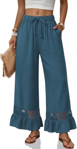 Linen Pants Women Flowy Lace Ruffle Hem Wide Leg Comf Beach Trousers