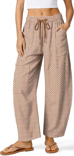 Linen Pants for Women Barrel Plaid Ginghamd Y2k Patchwork with Pockets
