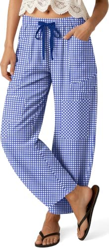 Linen Pants for Women Barrel Plaid Ginghamd Y2k Patchwork with Pockets