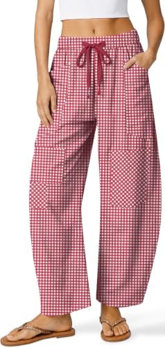 Linen Pants for Women Barrel Plaid Ginghamd Y2k Patchwork with Pockets