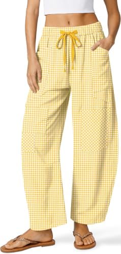 Linen Pants for Women Barrel Plaid Ginghamd Y2k Patchwork with Pockets