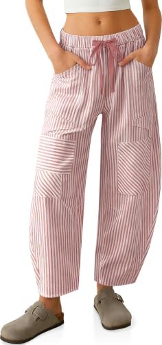 Linen Pants for Women Barrel Striped Y2k Patchwork with Pockets