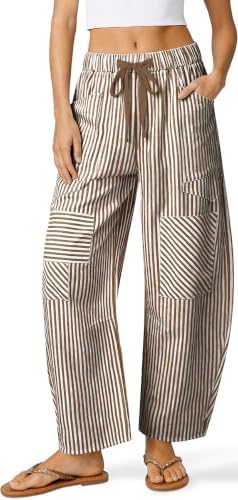 Linen Pants for Women Barrel Striped Y2k Patchwork with Pockets