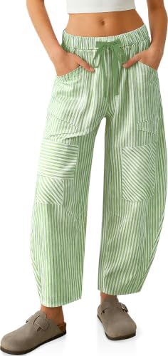Linen Pants for Women Barrel Striped Y2k Patchwork with Pockets