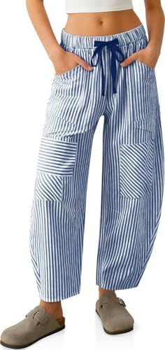 Linen Pants for Women Barrel Striped Y2k Patchwork with Pockets