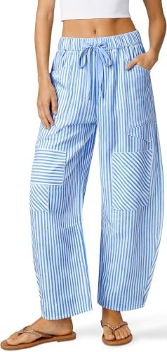 Linen Pants for Women Barrel Striped Y2k Patchwork with Pockets