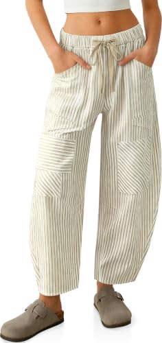 Linen Pants for Women Barrel Striped Y2k Patchwork with Pockets