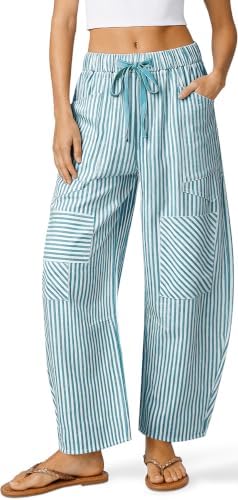 Linen Pants for Women Barrel Striped Y2k Patchwork with Pockets