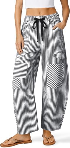 Linen Pants for Women Barrel Striped Y2k Patchwork with Pockets