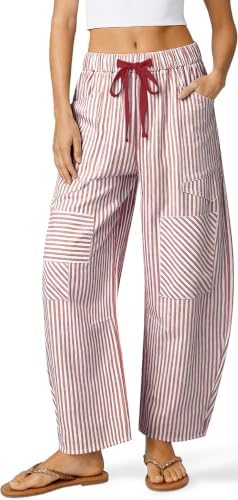 Linen Pants for Women Barrel Striped Y2k Patchwork with Pockets