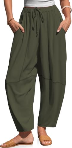 Linen Pants for Women Drawstring Waist Barrel Harem Pants Army Green