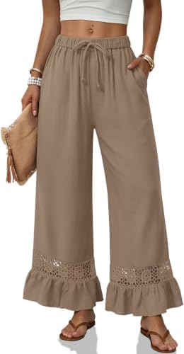 Womens Linen Pants Palazzo Drawstring Ruffle Hem Trousers Pockets