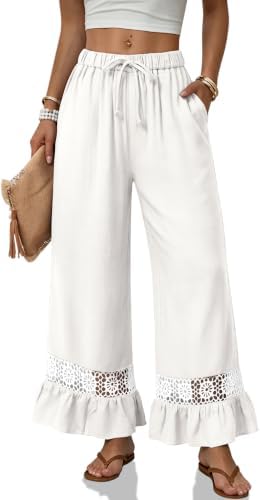 Womens Linen Pants Palazzo Drawstring Ruffle Hem Trousers Pockets