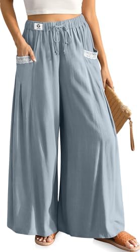 Linen Pants Women Palazzo Wide Leg Casual Boho Drawstring Waist Lounge