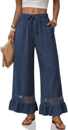 Womens Linen Pants Wide Leg Elastic Waist Ruffle Hem Casual Trousers