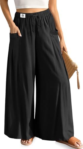 Womens Linen Pants Wide Leg Summer Casual Drawstring Palazzo Flowy Boho
