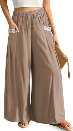 Womens Linen Pants Wide Leg Summer Casual Drawstring Palazzo Flowy Boho