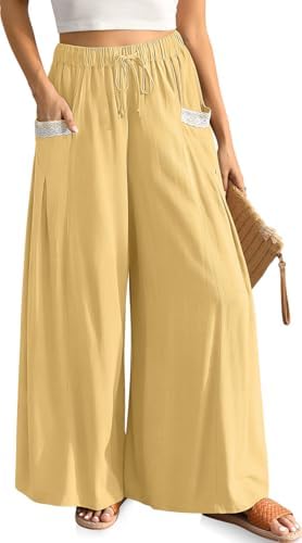 Womens Linen Pants Wide Leg Summer Casual Drawstring Palazzo Flowy Boho