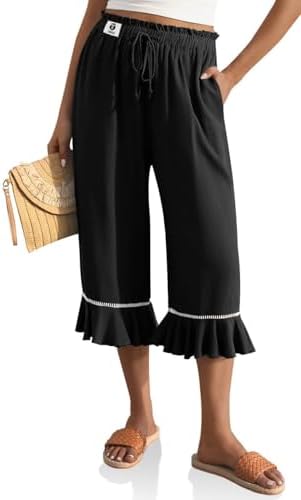Womens Linen Ruffle Capri Pants with Pocket Black