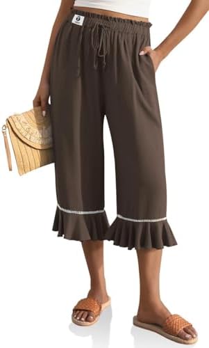 Womens Linen Ruffle Capri Pants with Pocket Dark Coffee